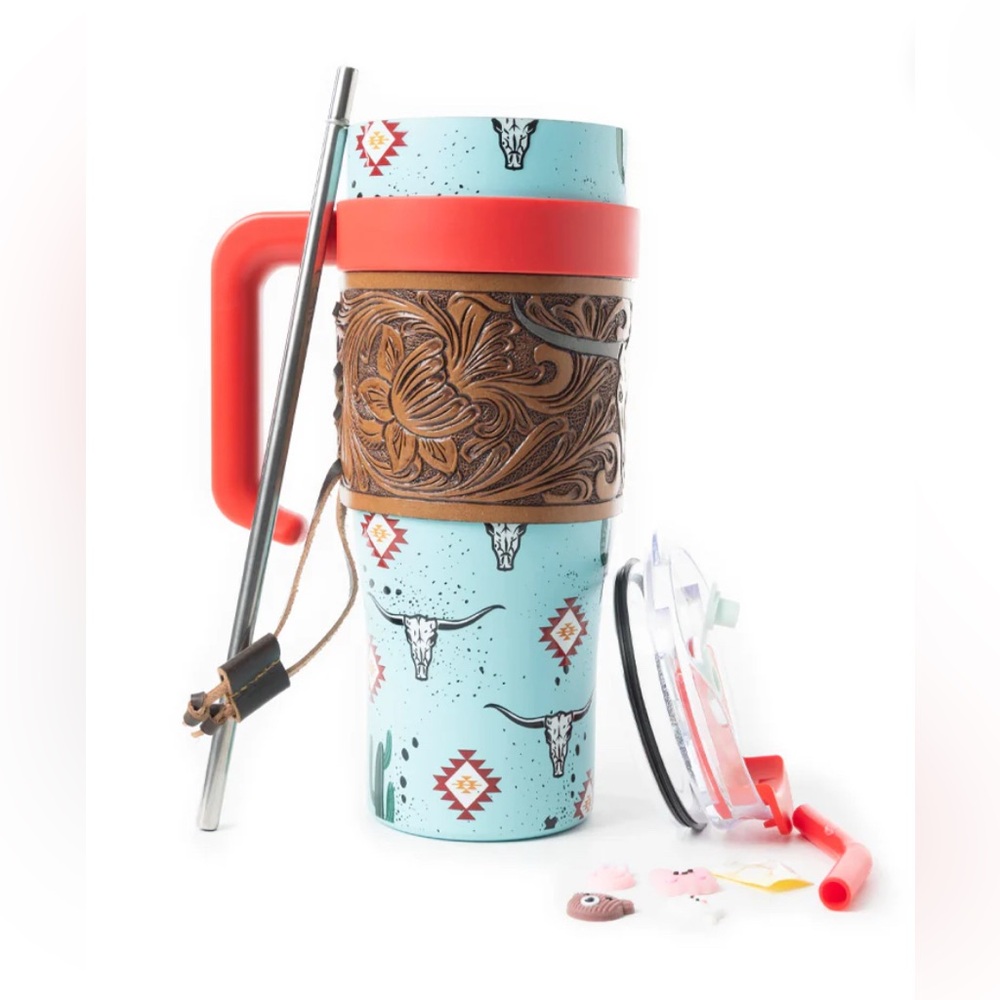 NWT Myra Western Travel Mug with Red Lid and Handle Hand Tooled Leather Wrap